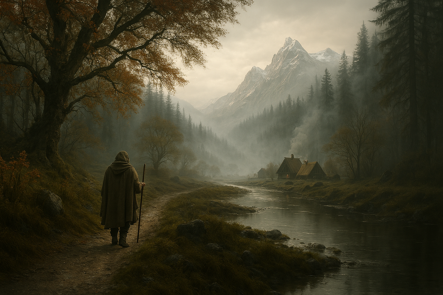 A solitary man in a hooded cloak walks along a narrow path beside a calm river, surrounded by dense forest and mist, with distant mountains rising behind a small, quiet settlement, evoking a timeless fantasy landscape.